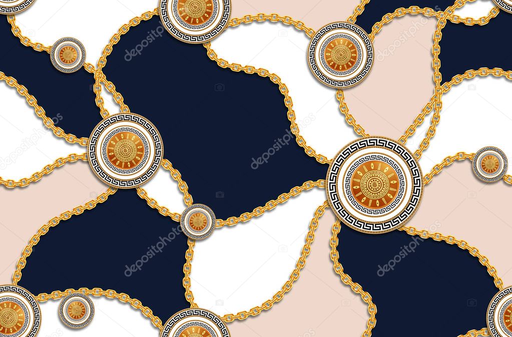 Vintage Seamless Fashion Pattern of Golden Chains and versace motif on white and dark blue background. Fabric Design Background with Chain.