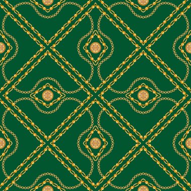 Barok altın zincir arka plan. Kusursuz desen. yeşil arka plan üzerinde zincirleri ile sorunsuz desen. Baskı, kumaş, eşarp için yama.