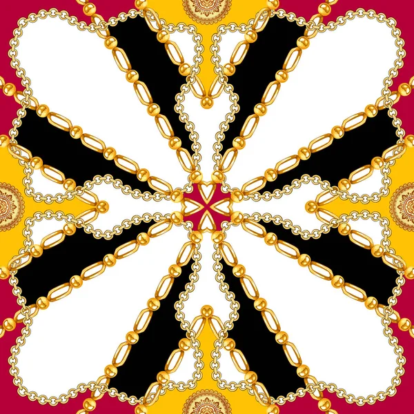 シームレスなパターン 金色のチェーンと幾何学的な装飾品を持つシルクのスカーフ ファッションアクセサリーと正方形のパターン 白の色 — ストック写真