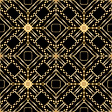 Siyah arka plan üzerinde dikişsiz altın zincirler desen. Geometrik tasarım, tekstil baskı için hazır.