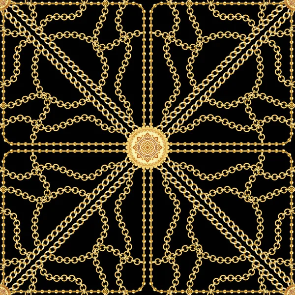 金色链条纹无缝图案 Wth 珠宝吊坠 用于黑色背景上的纺织品印花 — 图库照片