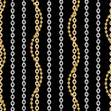 Kumaş için siyah arka plan üzerinde altın ve gümüş zincirler ile soyut dikişsiz desen. Trendy yinelenen baskı. tekstil baskılar için hazır.