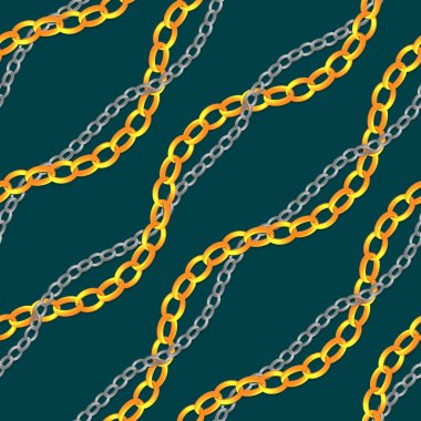 Dikişsiz gümüş ve altın zincirler deseni. Tasarımı tekrarlayın. Kıvrımlı dalgalar, zincirler, DNA. Dekor, kumaş, baskı, tekstil için tasarım. koyu mavi arka plan üzerinde. tekstil baskı için hazır. 