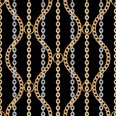 Kumaş için siyah arka plan üzerinde altın ve gümüş zincirler ile soyut dikişsiz desen. Trendy yinelenen baskı. 