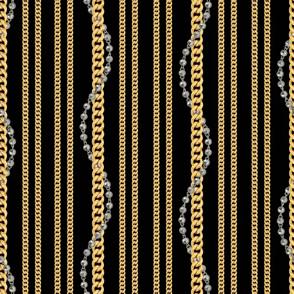 Abstraktní Bezproblémové Schéma Zlatými Stříbrnými Řetězy Černém Pozadí Pro Tkaninu — Stock fotografie