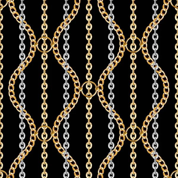 Абстрактний Безшовний Візерунок Золотими Срібними Ланцюжками Чорному Тлі Тканини Модний — стокове фото