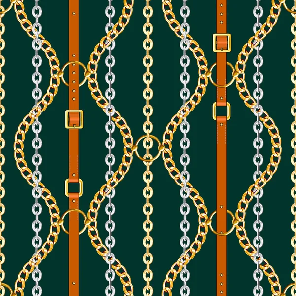 Seamless pattern with belts, gold and silver chains on dark green background for fabric. Trendy repeating print.