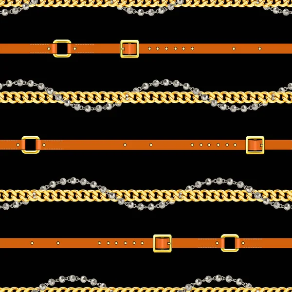 Бесшовные Золотые Серебряные Цепи Узор Поясами Черном Фоне Ткани Модный — стоковое фото