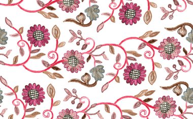 Çiçeklerle dikişsiz desen. Beyaz arka plan üzerine kumaş tekstil için tasarım. Baskılara Hazır.