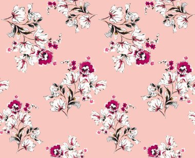 Çiçeklerle dikişsiz desen. Pembe arka plan üzerinde kumaş tekstil için tasarım. Baskılara Hazır.