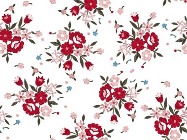 Güzel renkli çiçekler, nakış dikişsiz desen. Giyim, t-shirt tasarımı için moda sanatı şablonu. Beyaz arka planda Rönesans bahar stili.