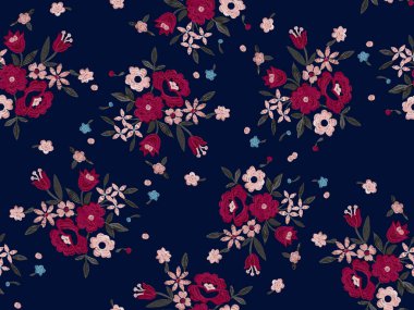Güzel renkli çiçekler, nakış dikişsiz desen. Giyim, t-shirt tasarımı için moda sanatı şablonu. Koyu mavi arka planda Rönesans bahar stili.