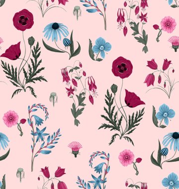 Dikişsiz sevimli çiçek deseni. Mavi ve Pembe çiçekler. Pembe arka plan üzerinde çiçek deseni. Çiçek arka plan. Moda baskılar için zarif şablon. Otlar ve yabani çiçekler.