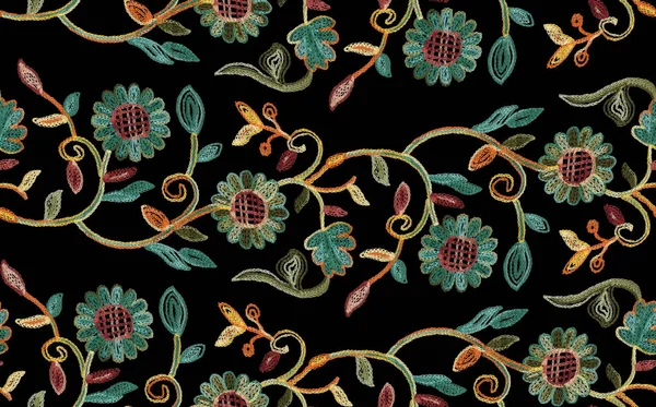 Embroidery flowers. Seamless pattern. Bright embroidered floral print. Design for fabric, textile, wrapping paper on black background.