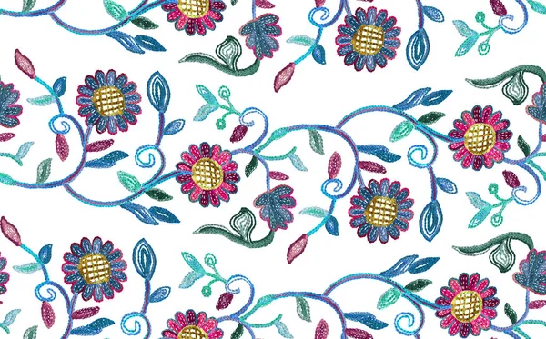 Embroidery flowers. Seamless pattern. Bright embroidered floral print. Design for fabric, textile, wrapping paper on white background.