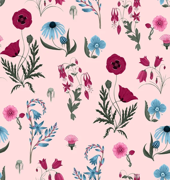 Seamless cute floral pattern. Blue and Pink flowers. Flower pattern on pink background. Floral background. The elegant the template for fashion prints. Herbs and wild flowers.