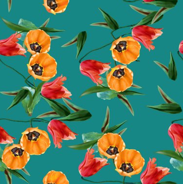 Yaprakları ile dikişsiz çiçek deseni. Yeşil arka planda kumaş baskı için hazır.