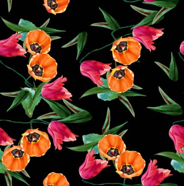 Yaprakları ile dikişsiz çiçek deseni. Siyah arka plan üzerine kumaş baskı için hazır.