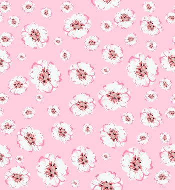 Açık pembe arka plan üzerinde yaz parlak çiçekler. Kusursuz desen. Romantik çiçekler illüstrasyon. Moda kumaş için şık renkler.