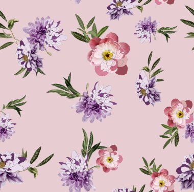 Dikişsiz çiçek deseni. Pembe arka planda vintage çiçekler. Duvar kağıdı. Blooming gerçekçi çiçekler.
