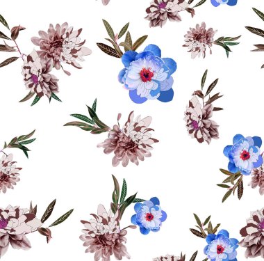 Dikişsiz çiçek deseni. Beyaz arka planda vintage çiçekler. Duvar kağıdı. Blooming gerçekçi izole çiçekler.