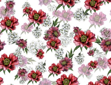 Muhteşem çiçeklerile dikişsiz grafik tasarım. Moda, iç, sarma, ambalaj uygun. Gerçekçi çiçekler. Beyaz arka planda.