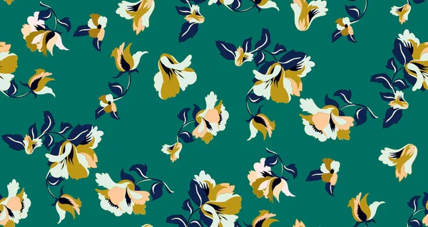 Modello Senza Cuciture Con Fiori Sfondo Verde Patch Stampe Tessili — Foto Stock