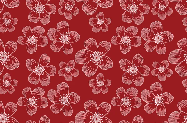 Seamless embroidery flowers pattern. Fashion art template for clothes, t-shirt design, textile, wallpaper, pattern fills, covers, surface, print. on red background.