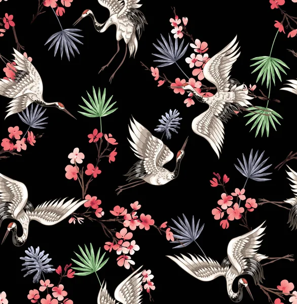 Seamless illustration with birds cranes and Stork on a black background. For decoration of textiles, packaging, wallpaper. Ready for prints.