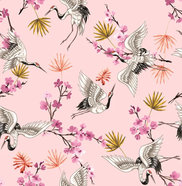 Ilustración Perfecta Con Grúas Pájaros Cigüeña Sobre Fondo Rosa Para — Foto de Stock