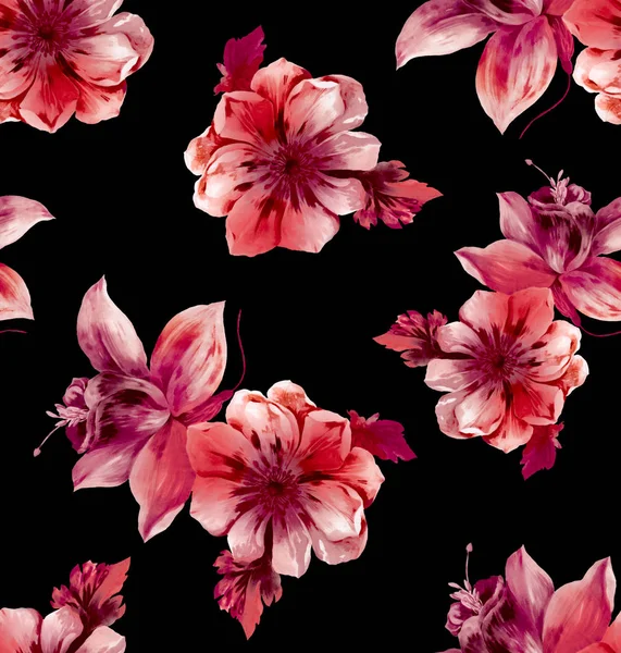 Bezproblémový Vzor Nádhervelkými Květy Černém Pozadí Záplata Pro Textilní Otisky — Stock fotografie