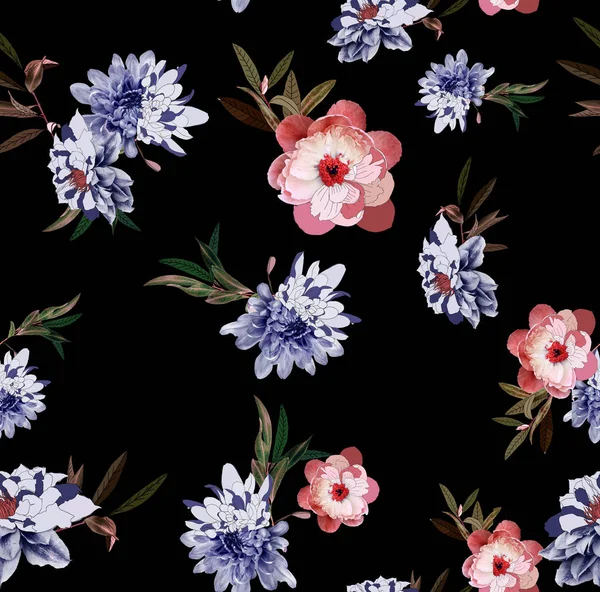 Bezproblémové Květinové Schéma Květinový Květ Černém Pozadí Tapety Kvetení Realistických — Stock fotografie