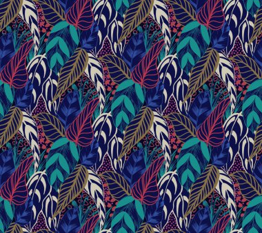 Güzel retro el çizilmiş yaprakları, tropikal palmiye ormanı, moda kumaş ve tüm baskılar için çizgi kroki ruh sorunsuz desen tasarımı. koyu mavi arka plan üzerinde.