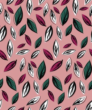 Sonbaharın, sonbahar yapraklarının dikişsiz deseni. Koyu pembe arka plan üzerinde el çizilmiş yaprak. Kağıt, kumaş, tekstil baskılar için yama.