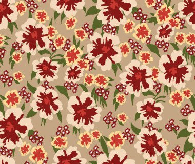 Dekoratif Çiçekler ile Trendy Dikişsiz Desen. Kumaş Baskılar için Yinelenen Tasarım. Küçük Çok Renkli Çiçekler. Kahverengi arka plan. Modern Çiçek Arka Plan. Moda Tekstil Baskılar için hazır.