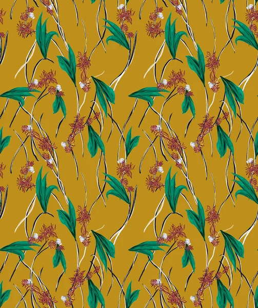 エキゾチックな花や葉の夏の明るいシームレスなパターン ファッション ファブリック 黄色の背景にすべてのプリントのためのモダンなスタイルのデザイン — ストック写真