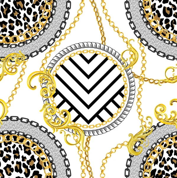 Seamless Golden Chains Pattern with Antique Decorative Baroque Motif on White Background. Fabric Design Background Ready for Textile Print.