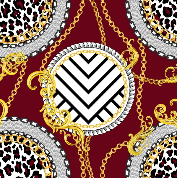 Seamless Golden Chains Pattern with Antique Decorative Baroque Motif on Dark Red Background. Fabric Design Background Ready for Textile Print.