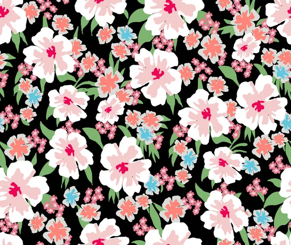 Trendy Seamless Pattern with Decorative Flowers. Repeating Design for Fabric Prints. Small Multicolor Flowers. Black background. Modern Floral Background. Ready for Fashion Textile Prints.