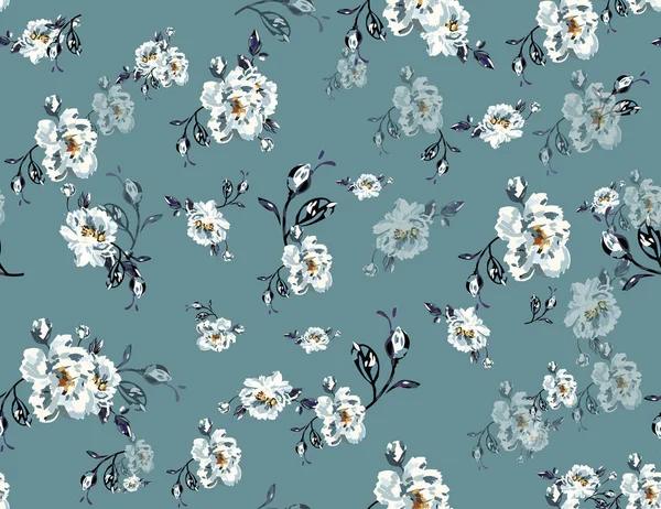 Retro Forest Floral. Seamless Texture Floral Pattern on Mint Background Ready for Textile Print.