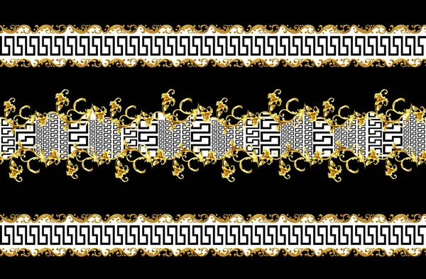 Seamless Pattern Golden Antique Decorative Baroque Black Background Fabric Design — Stock Photo, Image