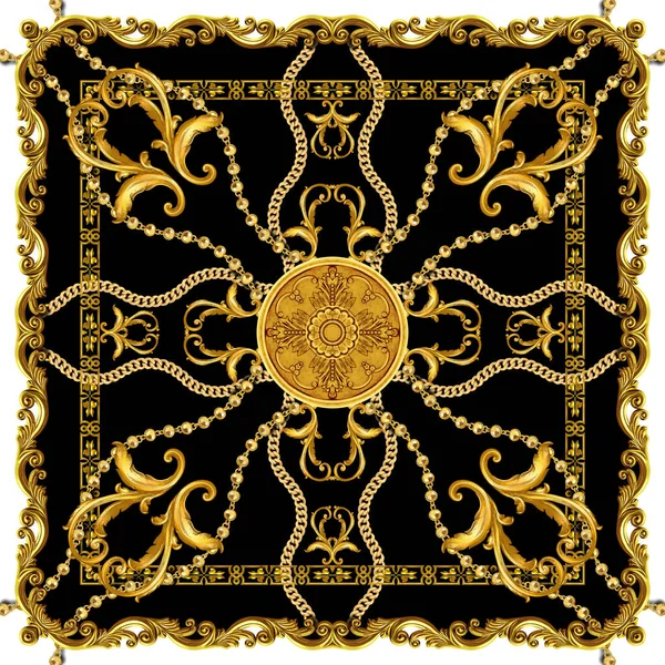 Silk Scarf Golden Chains Jewelry Shawl Design Luxury Golden Baroque — Stock Photo, Image