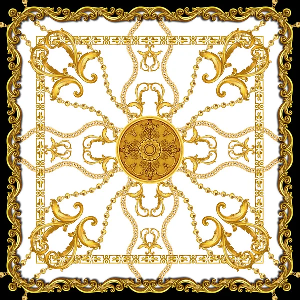 Luxury Golden Baroque. Silk Scarf with Golden Chains on White Background. Jewelry Shawl Design. Ready for Textile Prints.