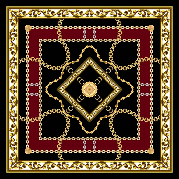 豪华金色巴洛克式丝巾链 设计于黑色和深红色背景 为纺织品打印做好准备 — 图库照片