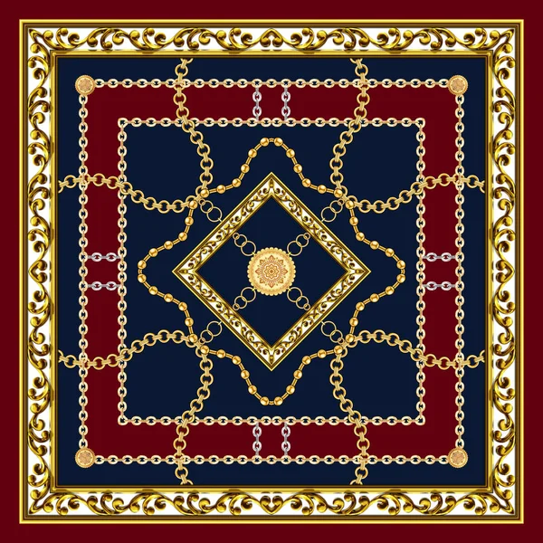 豪华金色巴洛克式丝巾链 设计于深蓝色和深红色背景 为纺织品打印做好准备 — 图库照片