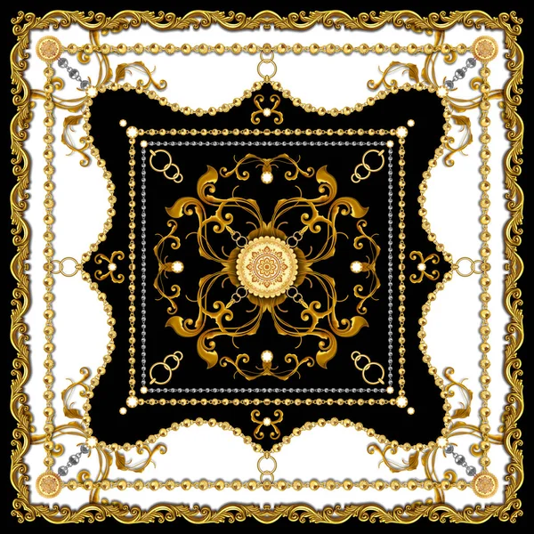 Scarf Design for Silk Print. Golden Baroque with Chains on Black and White Background. Square fashion print. Vintage Style Pattern Ready for Textile.