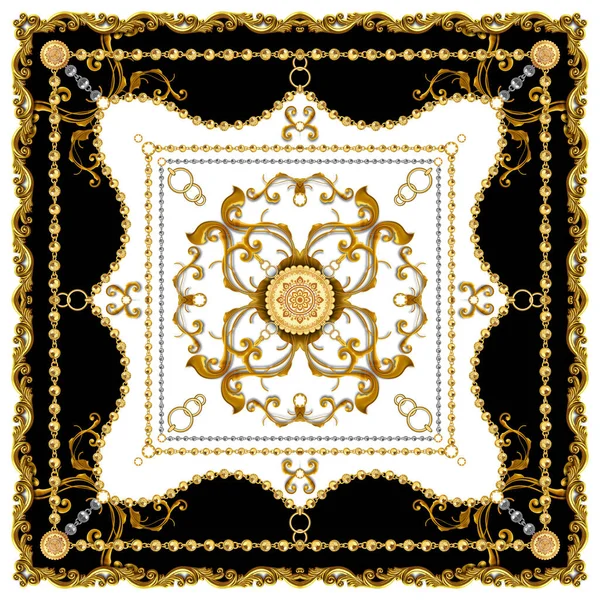 Scarf Design for Silk Print. Golden Baroque with Chains on White Background. Square fashion print. Vintage Style Pattern Ready for Textile.