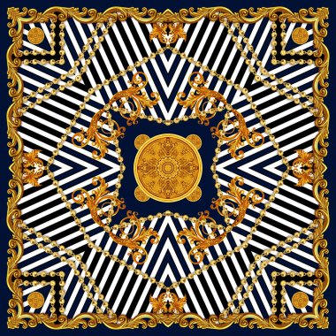 İpek Baskı için Eşarp Tasarımı. Kare moda baskı. Tekstile Hazır Hatları ile Vintage Stil Desen. Lacivert ve Beyaz Arka Plan Üzerinde Zincirli Altın Barok.