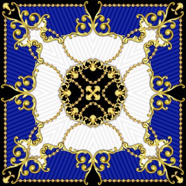 Zincirli Vintage Stil Deseni, İpek Baskı için Atkı Altın Barok Tasarım. Kare Moda baskı. Mavi ve Beyaz Arka Plan üzerine. Tekstil Baskılar için hazır.