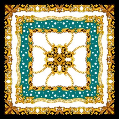 Altın Barok İpek Şal Tekstil Baskı, İpek Baskı için Eşarp Tasarımı. Vintage Stil Desen Tekstil için hazır. Kare moda baskı. Versace Tarzı. Siyah ve Yeşil Renkler.